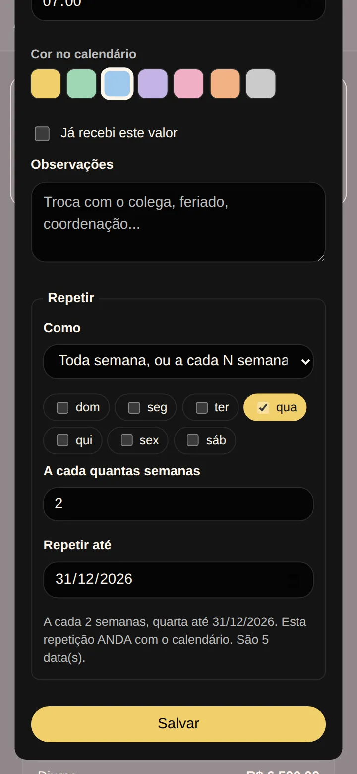 Tela real da Agenda de Plantão no celular: repetir toda semana ou a cada N semanas, com a quarta marcada, a cada 2 semanas, até 31/12/2026, e a frase que descreve o resultado.