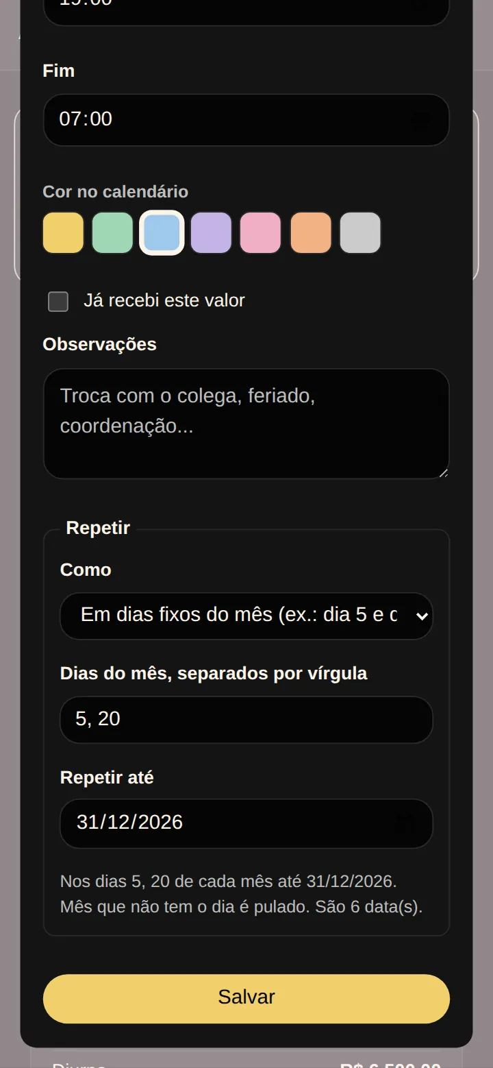 Tela real da Agenda de Plantão no celular: repetir em dias fixos do mês, com os dias 5 e 20, até 31/12/2026, e a frase que descreve o resultado, com 6 datas.
