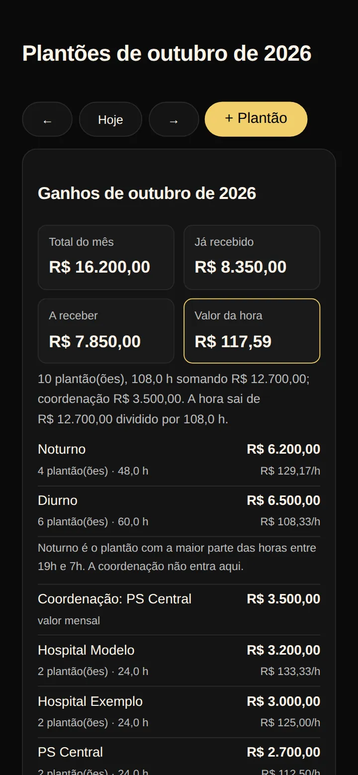 Tela real da Agenda de Plantão no celular: ganhos de outubro, com os cartões de total do mês, já recebido, a receber e valor da hora, e a divisão entre noturno e diurno.