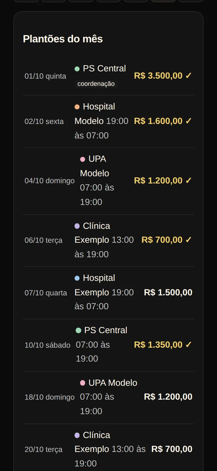Tela real da Agenda de Plantão no celular: lista dos plantões do mês, cada um com a data, o local, o horário e o valor, e o sinal de visto nos já recebidos.