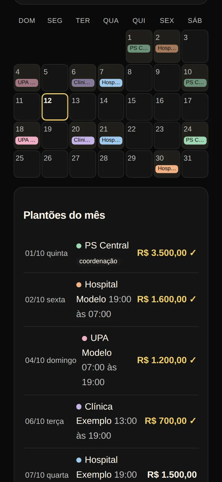 Tela real da Agenda de Plantão no celular: calendário de outubro com os plantões em etiquetas coloridas por local, o dia de hoje em destaque e a lista dos plantões do mês com o valor de cada um e o sinal de recebido.