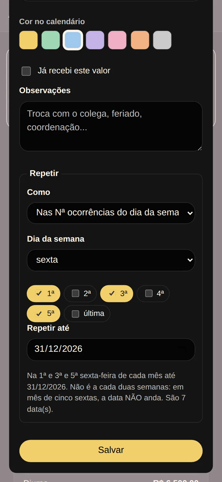 Tela real da Agenda de Plantão no celular: repetir nas ocorrências do dia da semana, com sexta escolhida, a 1ª, a 3ª e a 5ª marcadas, repetir até 31/12/2026 e a frase que descreve o resultado, com 7 datas.
