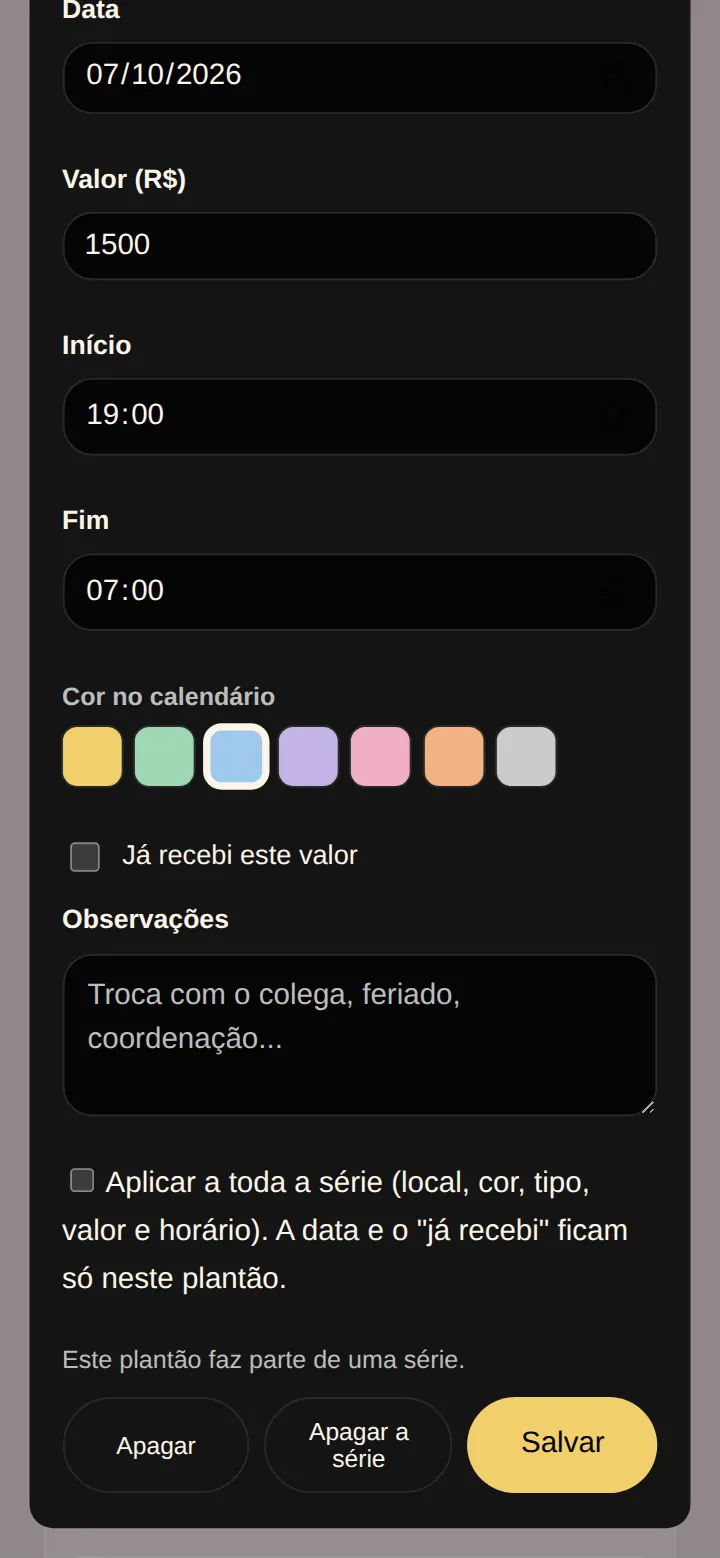 Tela real da Agenda de Plantão no celular: edição de um plantão que faz parte de uma série, com a caixa Aplicar a toda a série e os botões Apagar, Apagar a série e Salvar.
