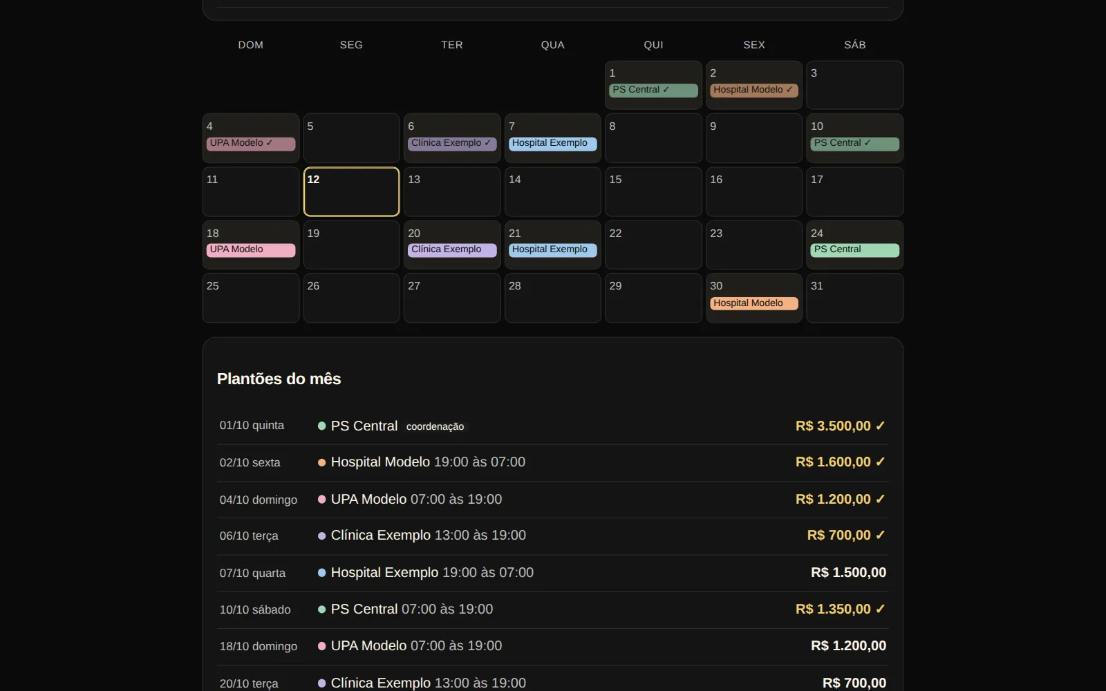 Tela real da Agenda de Plantão no computador: calendário de outubro com os plantões em etiquetas coloridas e a lista dos plantões do mês com a data, o local, o horário e o valor.