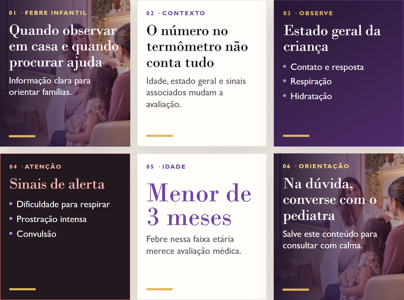 Exemplo demonstrativo de um carrossel com seis páginas sobre febre infantil, alternando fotografia, texto e alertas na mesma identidade visual.
