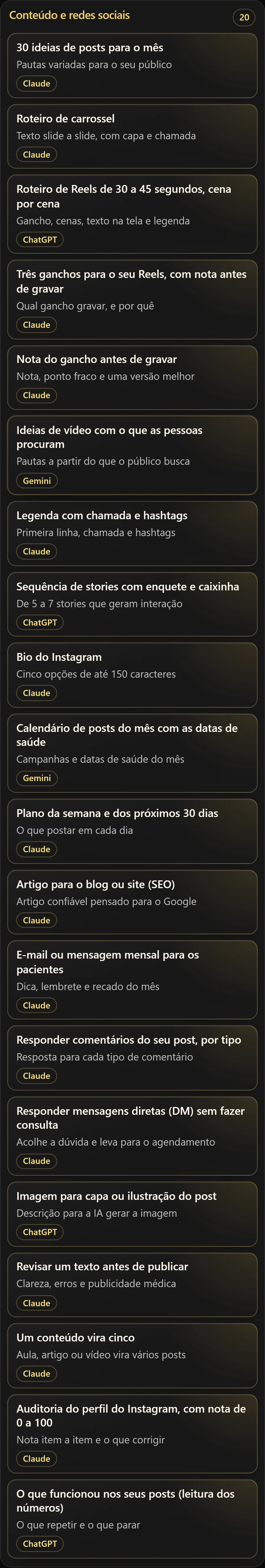 Tela real da Central de Prompts, com comandos de redes sociais e botão para copiar.