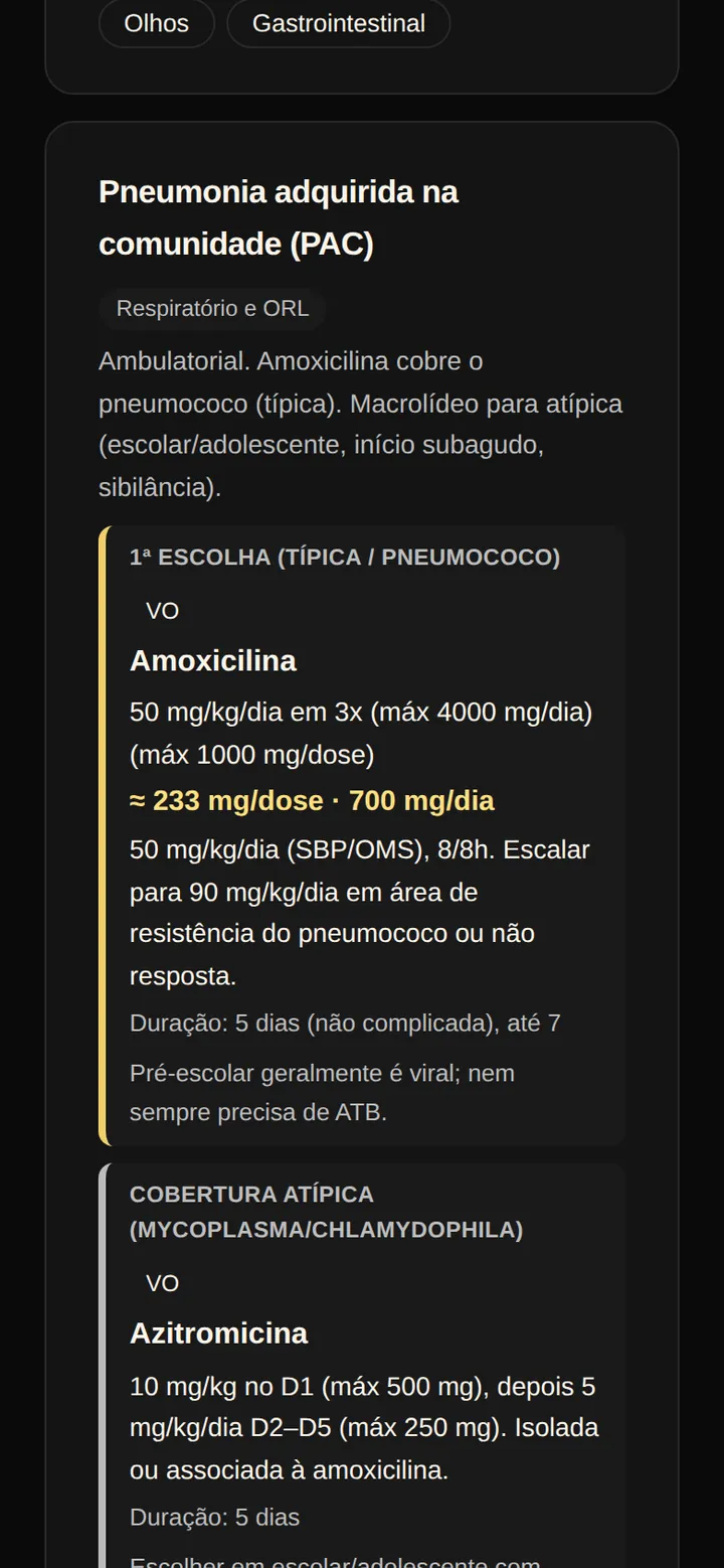 Tela real do SPI Plantão: antibioticoterapia empírica por foco, com a pneumonia adquirida na comunidade, a primeira escolha, a dose por quilo e a dose já calculada para 14 quilos.