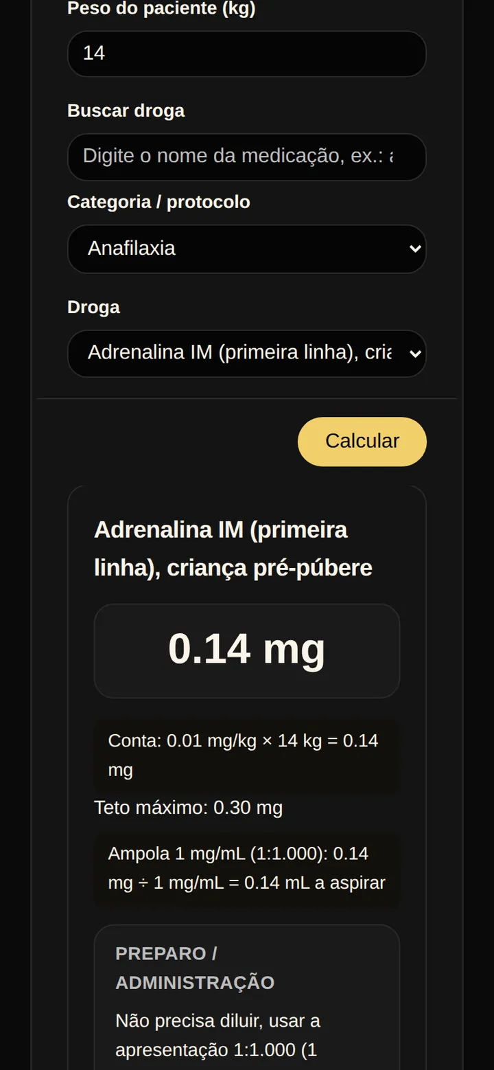 Tela real da calculadora de doses do Combo SPI: adrenalina intramuscular para 14 quilos, com a dose de 0,14 mg, a conta feita, o teto máximo e o volume a aspirar da ampola.