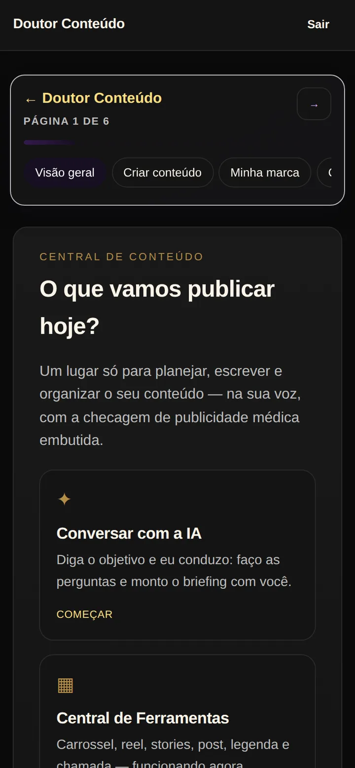 Tela real da Central de Conteúdo do SPI: planejar, escrever e organizar o conteúdo do médico, com checagem de publicidade médica.
