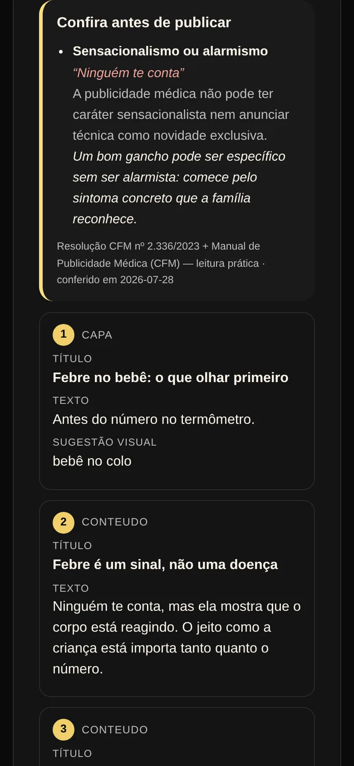 Tela real da Central de Conteúdo do SPI: conferência antes de publicar, com os pontos de atenção da publicidade médica e a Resolução CFM 2.336/2023.