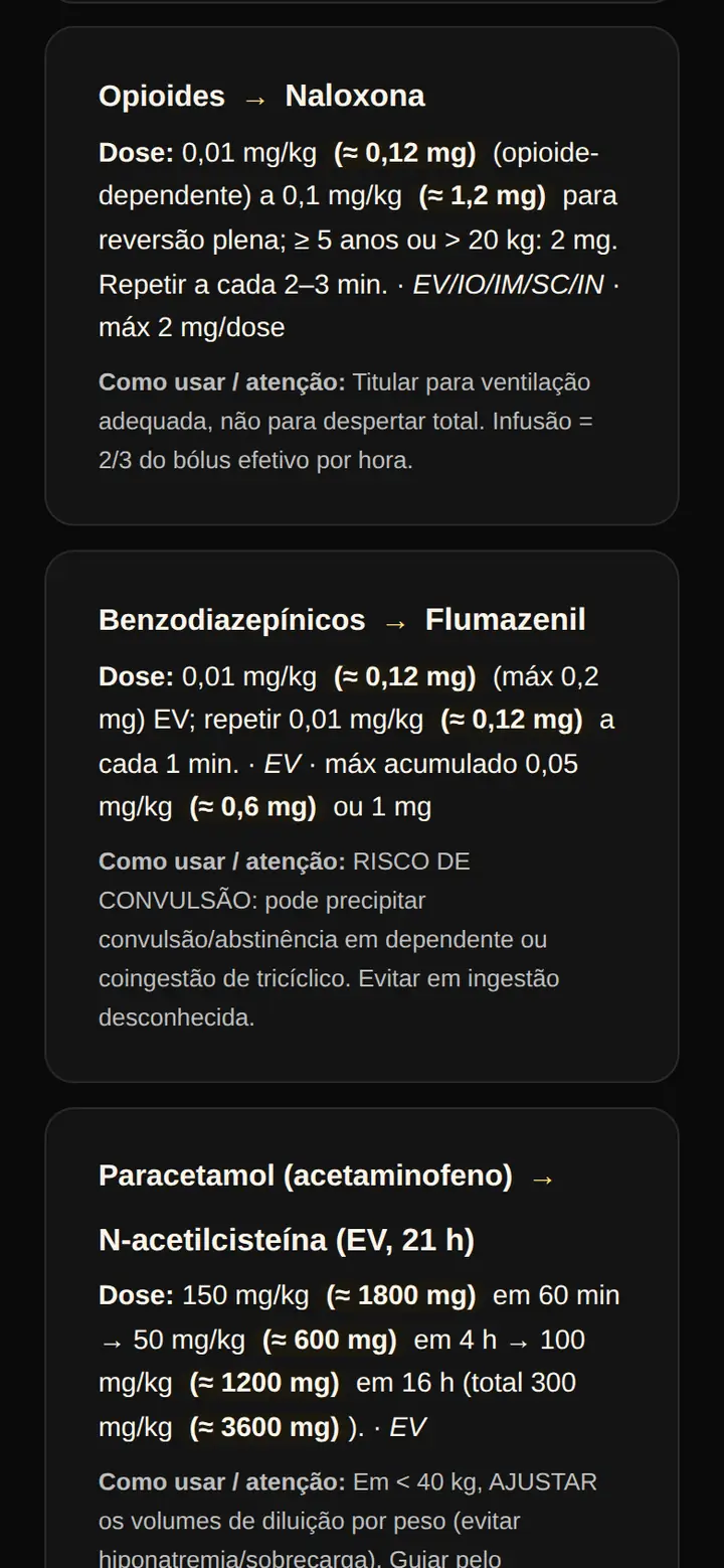 Tela real do Kit Emergência: lista de antídotos para 12 quilos, com a naloxona para opioides, o flumazenil e a N-acetilcisteína, cada um com a dose por quilo, o valor em miligramas e como usar.