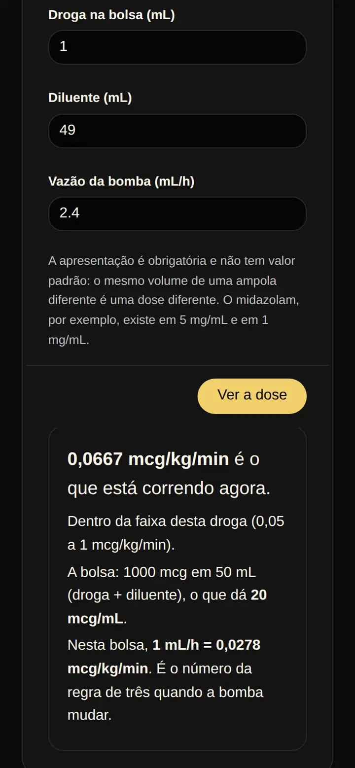 Tela real do Kit Emergência: conferência da bomba, com a bolsa informada e a vazão de 2,4 mililitros por hora, e o resultado com a dose que está correndo agora e se está na faixa.