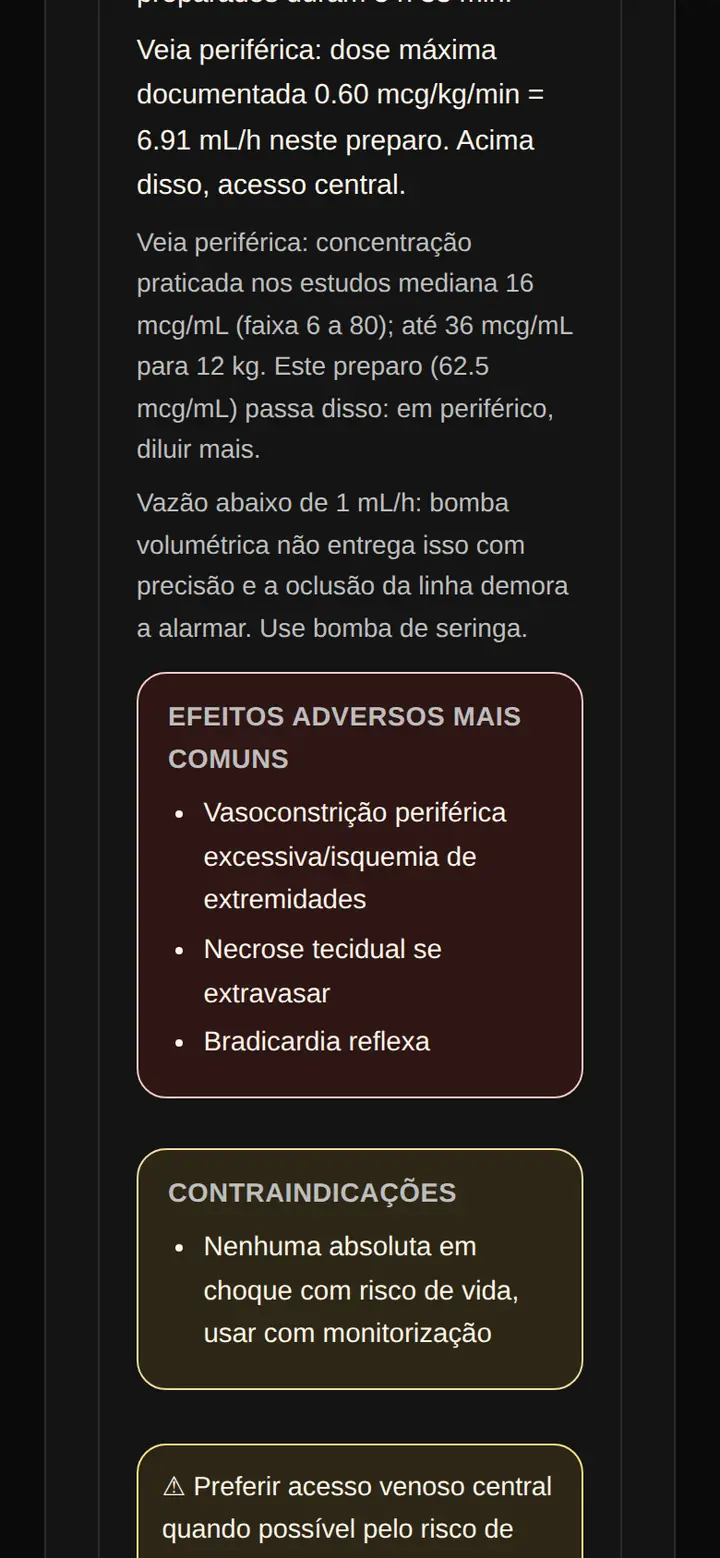 Tela real do Kit Emergência: noradrenalina, com a concentração praticada em veia periférica, o aviso de que o preparo de 62,5 microgramas por mililitro passa disso e o alerta de vazão abaixo de 1 mililitro por hora.