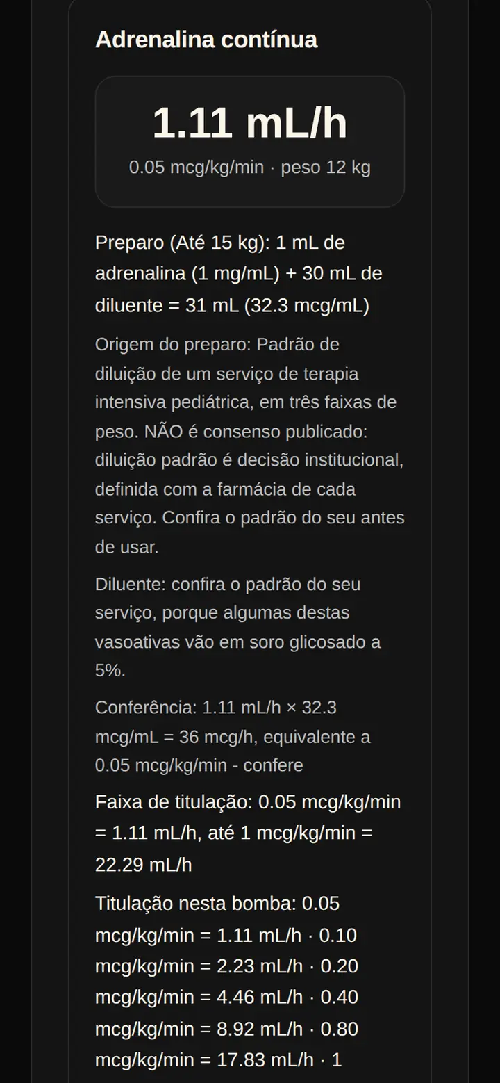 Tela real do Kit Emergência: adrenalina contínua para 12 quilos, vazão inicial de 1,11 mililitro por hora, o preparo da diluição e a conferência da conta.