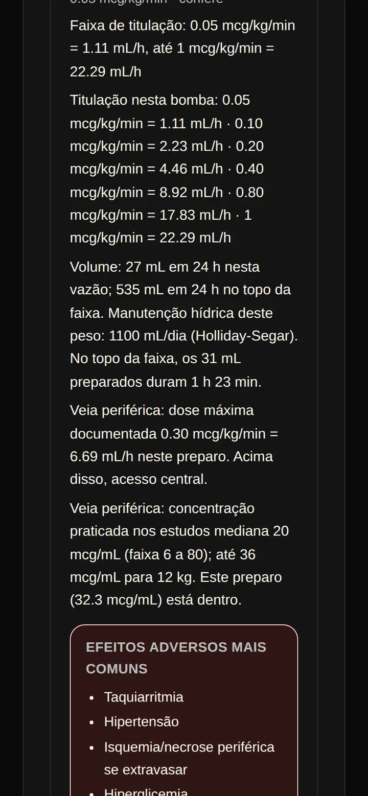 Tela real do Kit Emergência: faixa de titulação da adrenalina em mililitros por hora, os degraus nesta bomba, o volume em 24 horas e a dose máxima por veia periférica.
