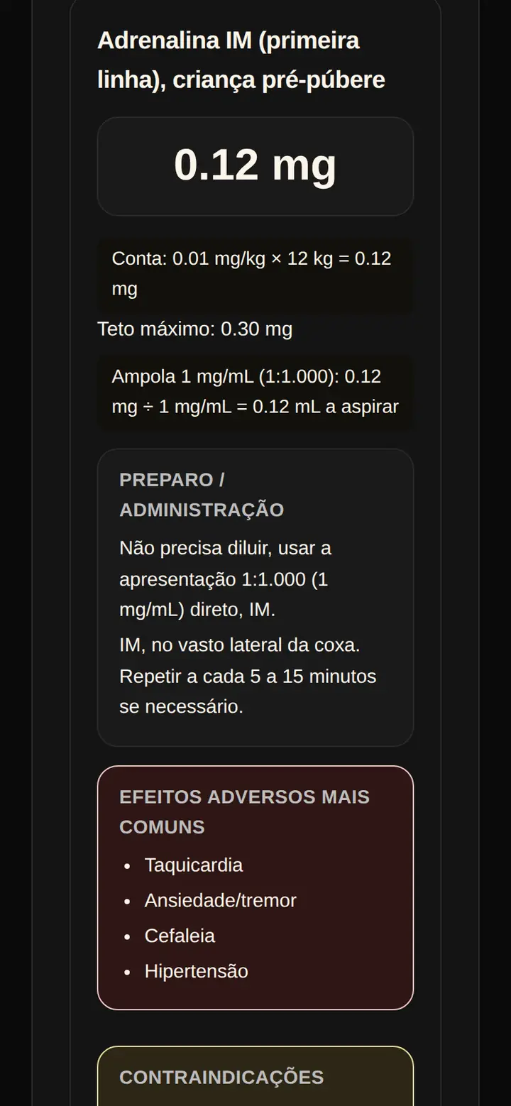 Tela real do Kit Emergência: calculadora com adrenalina intramuscular para 12 quilos, 0,12 miligrama, o teto máximo de 0,30 miligrama e o volume de 0,12 mililitro a aspirar.
