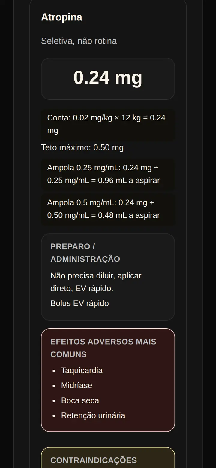 Tela real do Kit Emergência: atropina para 12 quilos, 0,24 miligrama, com o teto máximo e o volume a aspirar em cada uma das duas concentrações de ampola.