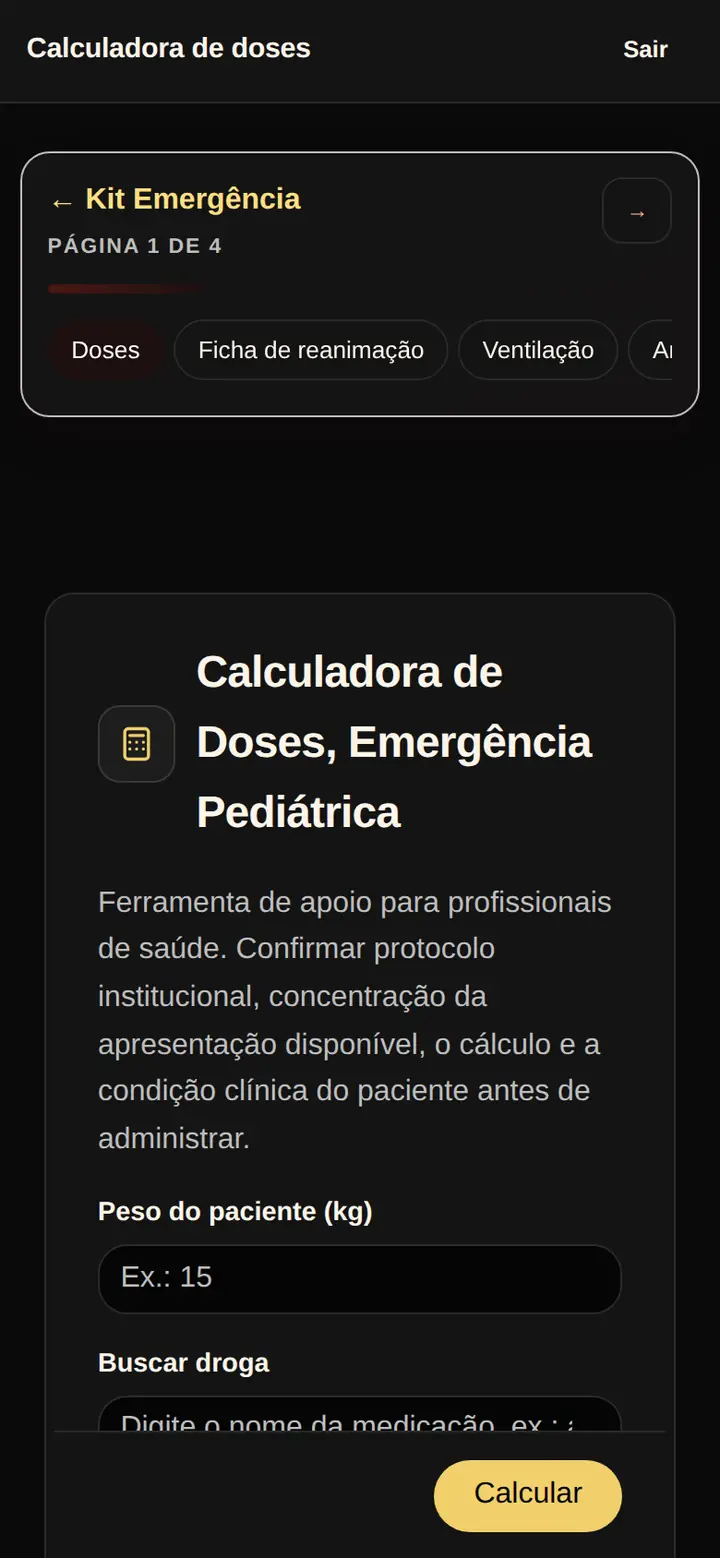 Tela real do Kit Emergência: topo da calculadora de doses com o menu da caixa, página 1 de 4, e os atalhos para Doses, Ficha de reanimação, Ventilação e Antídotos.