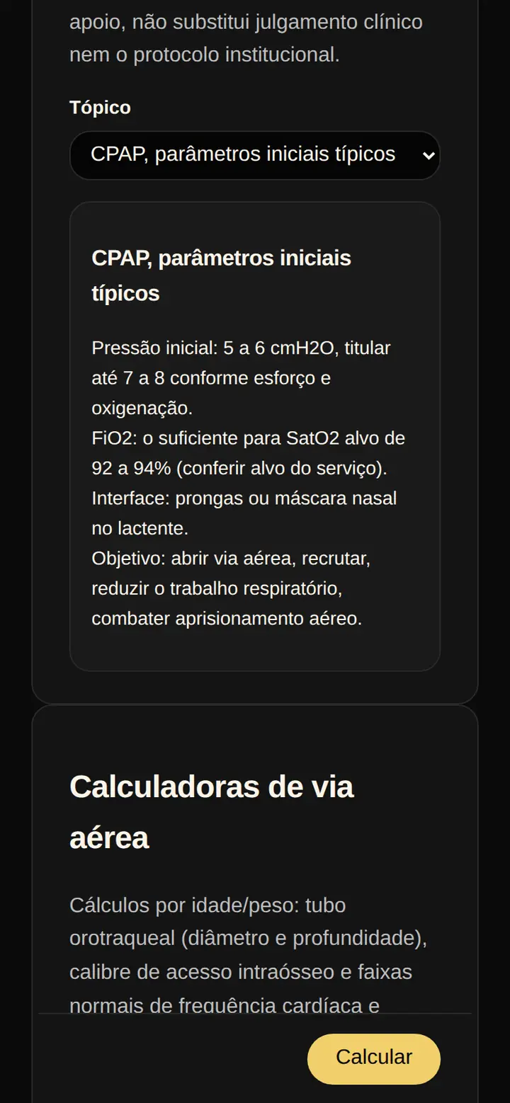 Tela real do Kit Emergência: tópico de ventilação com os parâmetros iniciais típicos de CPAP, como pressão inicial, FiO2 alvo, interface e objetivo.