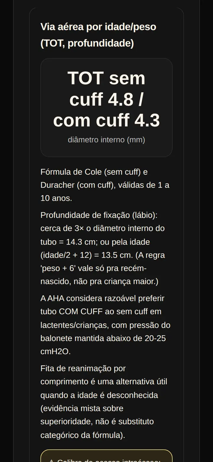 Tela real do Kit Emergência: calculadora de via aérea para 3 anos e 14 quilos, com o tubo orotraqueal sem cuff 4,8 e com cuff 4,3 e a profundidade de fixação.
