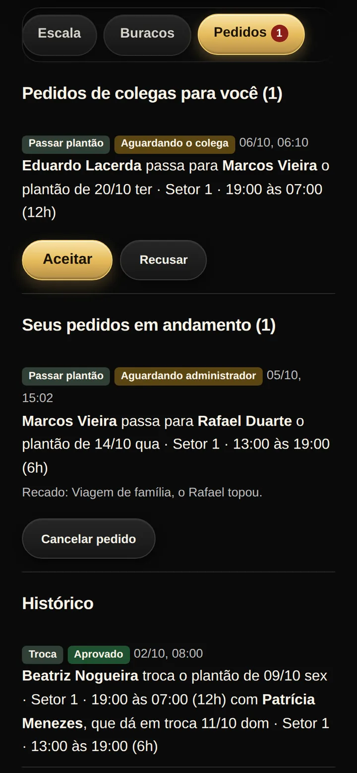 Tela real do SPI Escalas: pedidos de colegas para o plantonista, com o botão Aceitar e o botão Recusar, e os pedidos dele em andamento aguardando a administração.