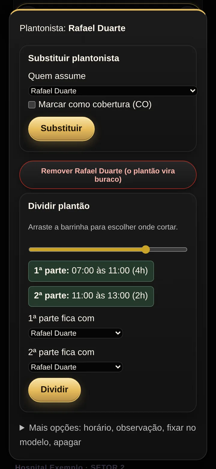 Tela real do SPI Escalas: dividir um plantão de 6 horas pela barrinha, com a primeira parte das 07:00 às 11:00 e a segunda das 11:00 às 13:00, e a escolha de quem fica com cada parte.