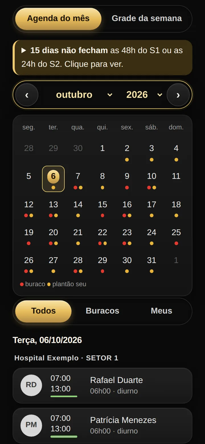 Tela real do SPI Escalas: aviso de que 15 dias não fecham as horas dos setores e a agenda do mês com bolinhas vermelhas nos dias com buraco.