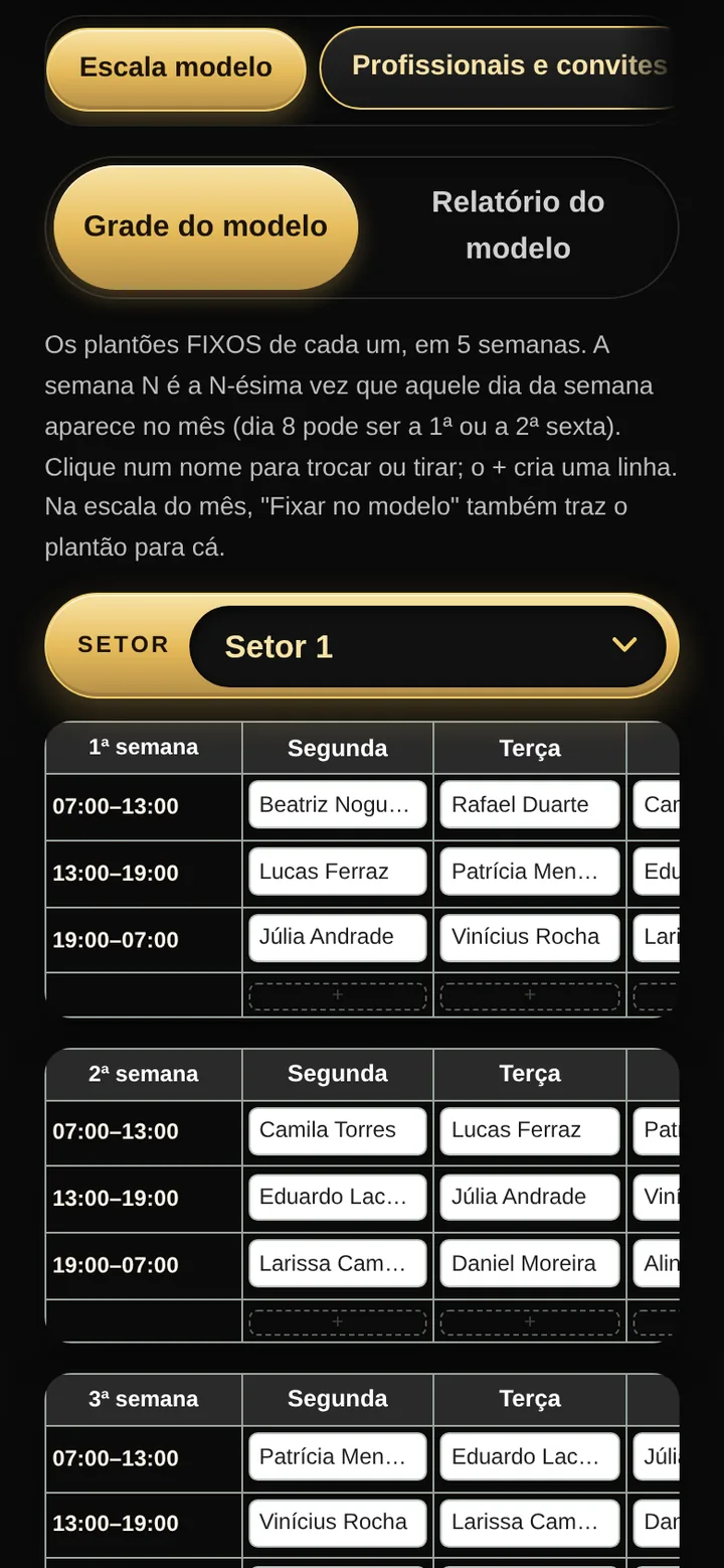 Tela real do SPI Escalas: escala modelo do Setor 1, com os plantões fixos de cada profissional por semana do mês, de segunda a domingo.