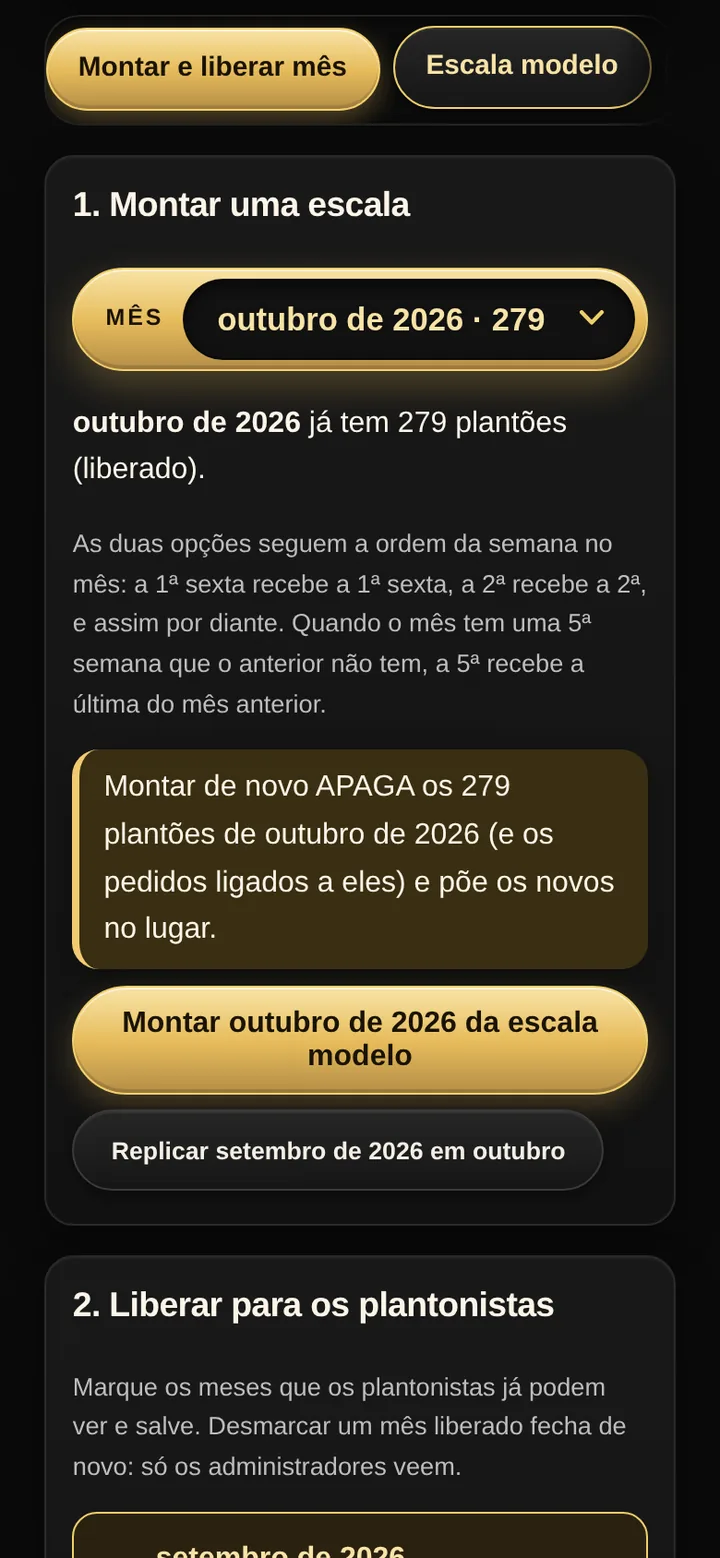 Tela real do SPI Escalas: montar a escala de outubro da escala modelo ou replicando setembro, com o aviso de que montar de novo apaga os plantões do mês.