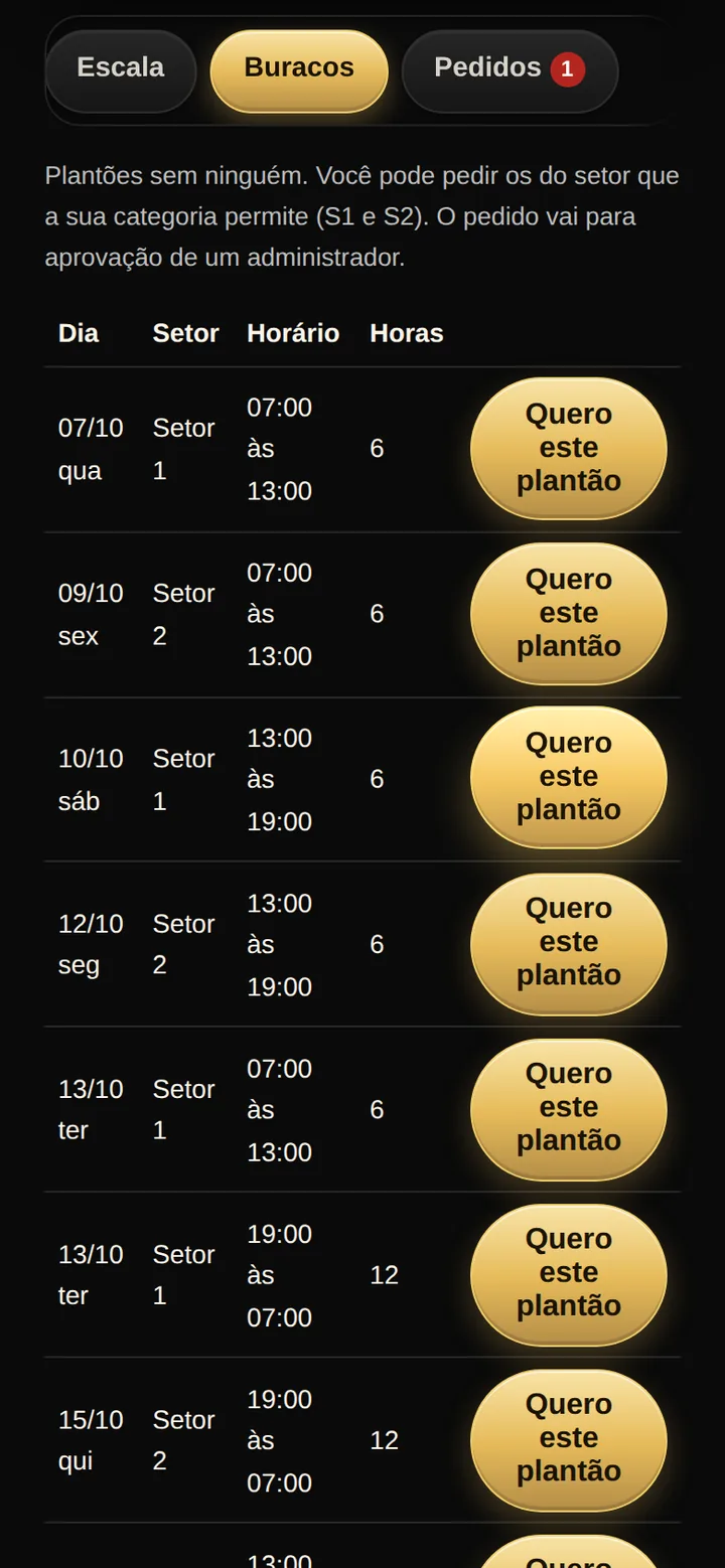 Tela real do SPI Escalas: buracos abertos que a categoria do plantonista permite, cada um com o botão Quero este plantão.