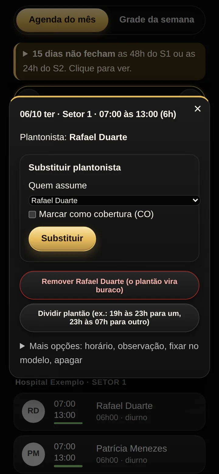 Tela real do SPI Escalas: painel de um plantão do Setor 1 com a opção de substituir o plantonista, o botão de remover, que deixa o plantão como buraco, e o botão de dividir plantão.