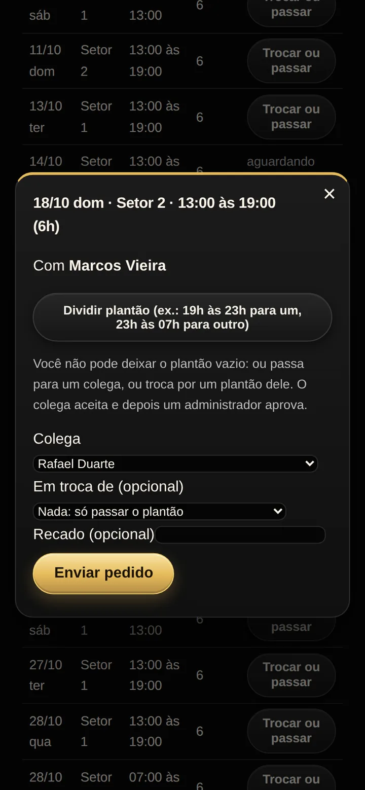 Tela real do SPI Escalas: pedido de troca ou repasse, com a escolha do colega, a opção de trocar por um plantão dele ou só passar o plantão, o campo de recado e o botão Enviar pedido.