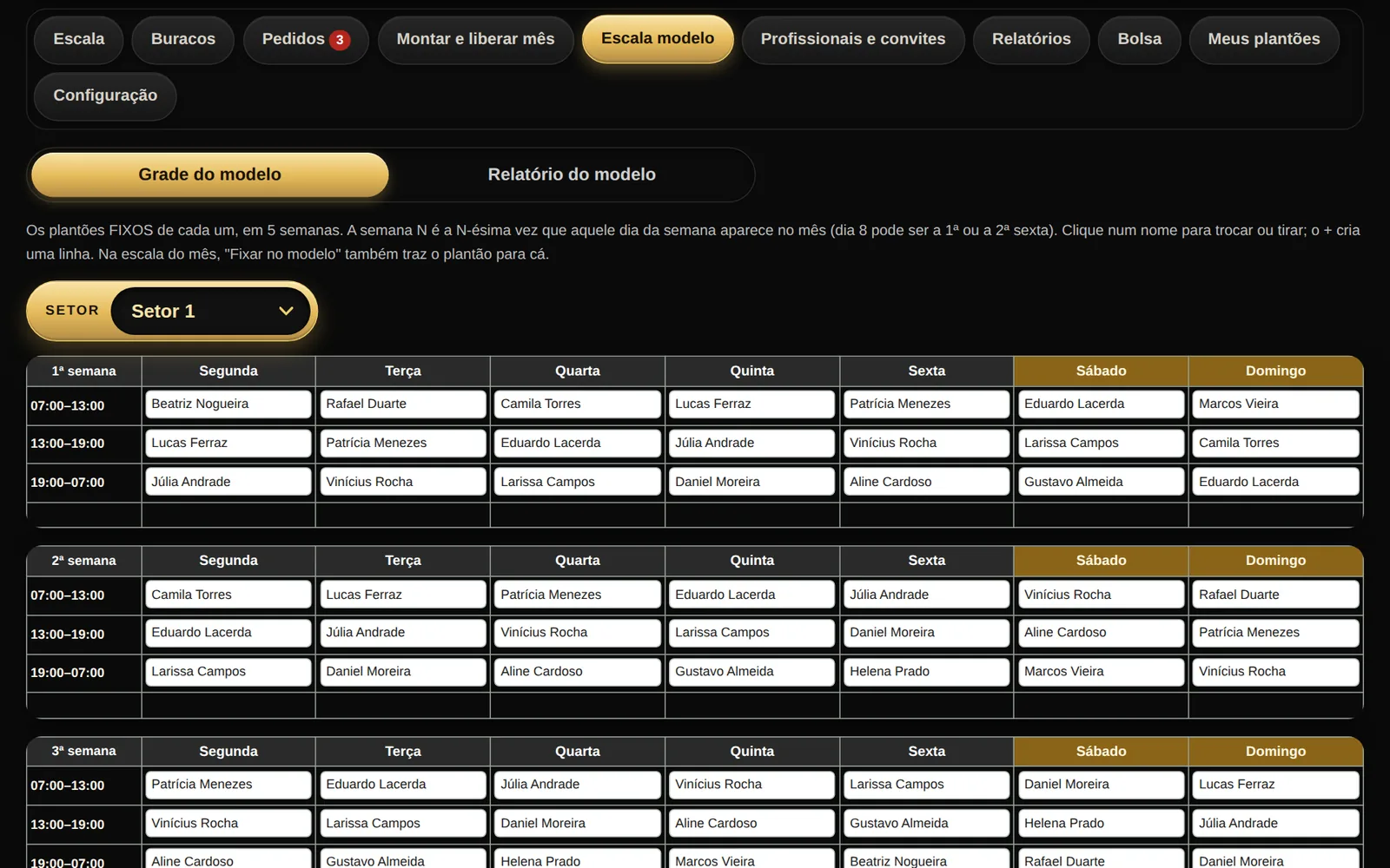 Tela real do SPI Escalas no computador: escala modelo do Setor 1, com a 1ª, a 2ª e a 3ª semana do mês e os plantões fixos de cada dia da semana.