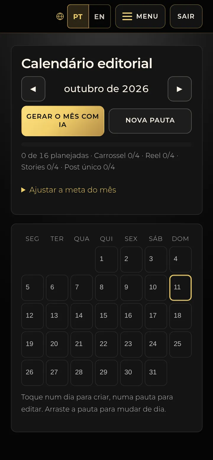 Tela real da SPI Mentorias: calendário editorial do mês com a meta de peças por formato e o botão Gerar o mês com IA.