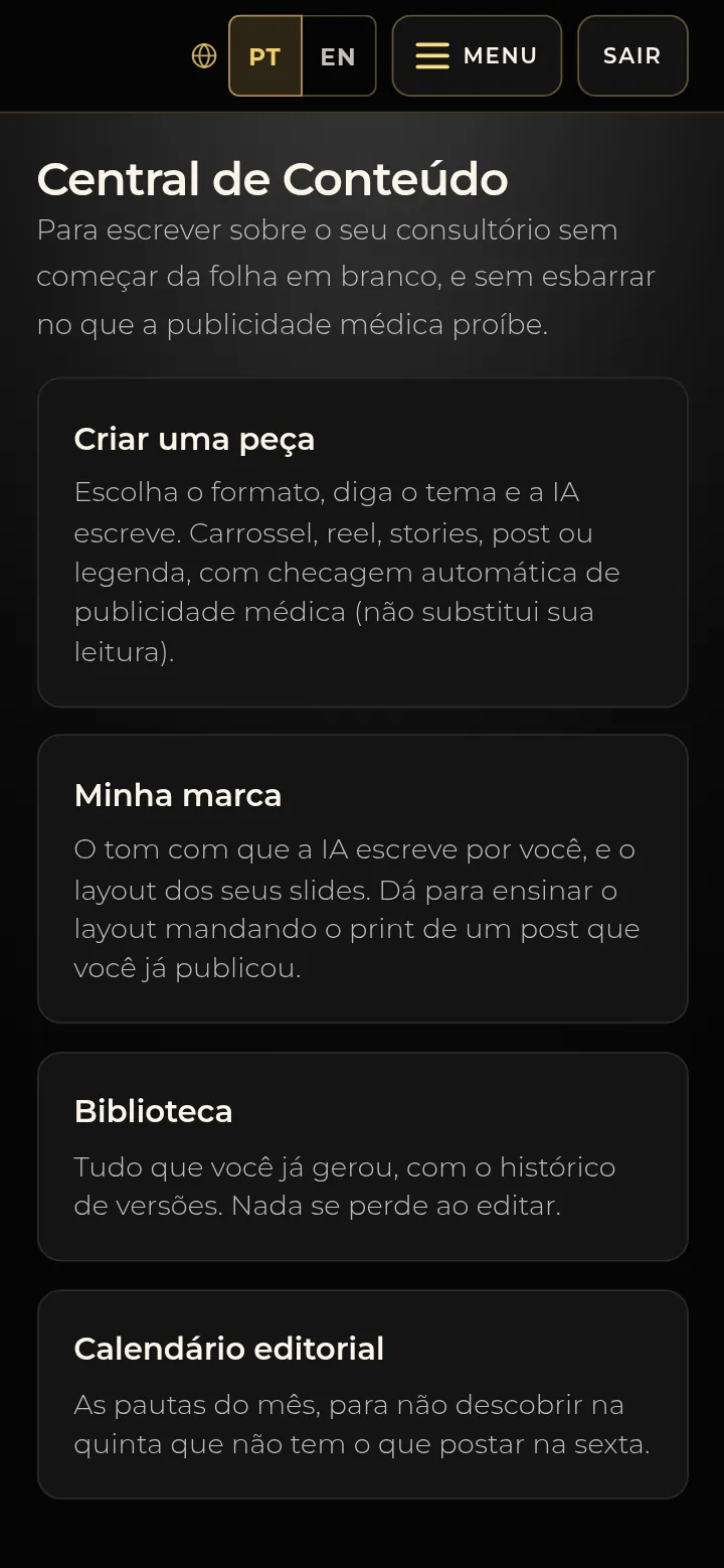 Tela real da SPI Mentorias: Central de Conteúdo com criar uma peça, minha marca, biblioteca e calendário editorial.