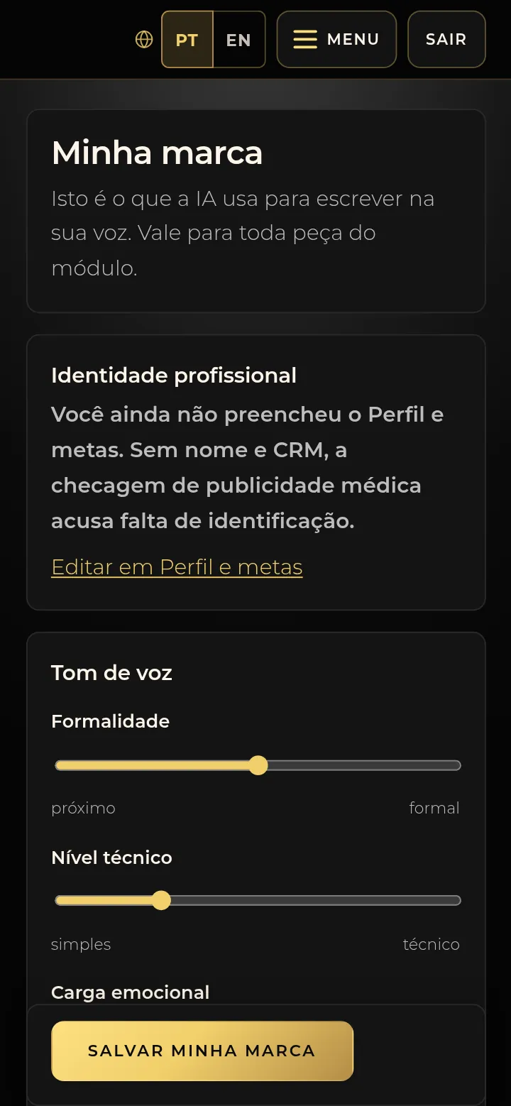 Tela real da SPI Mentorias: minha marca, com a identidade profissional e o tom de voz com controles de formalidade e nível técnico.