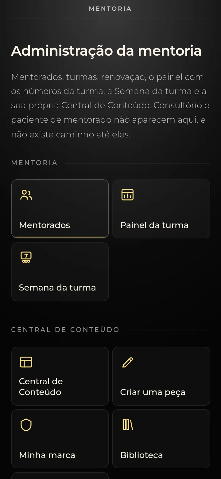 Tela real da SPI Mentorias: página inicial do mentor com Mentorados, Painel da turma, Semana da turma e as telas da Central de Conteúdo.