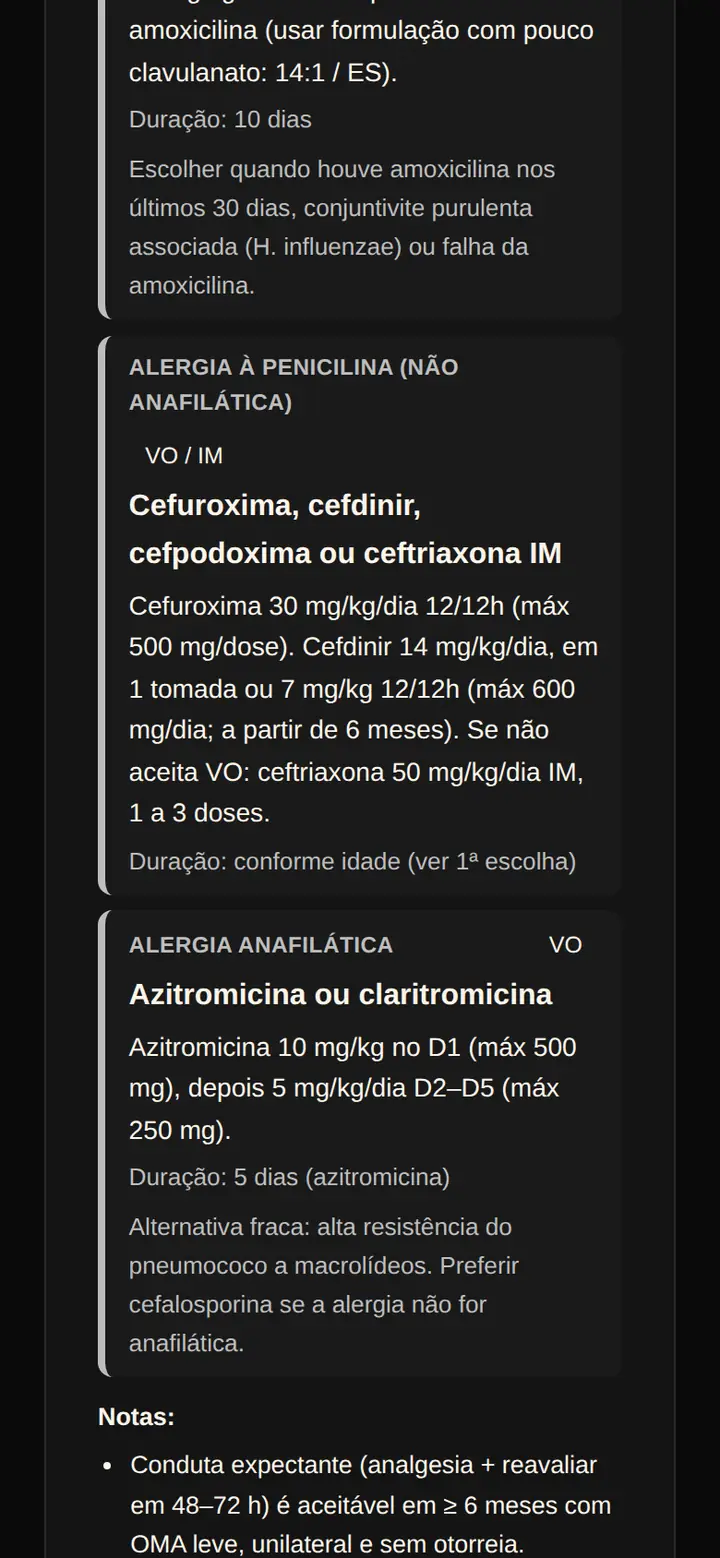 Tela real do SPI Plantão: otite média aguda com os esquemas para alergia à penicilina, não anafilática e anafilática, cada um com dose e duração.