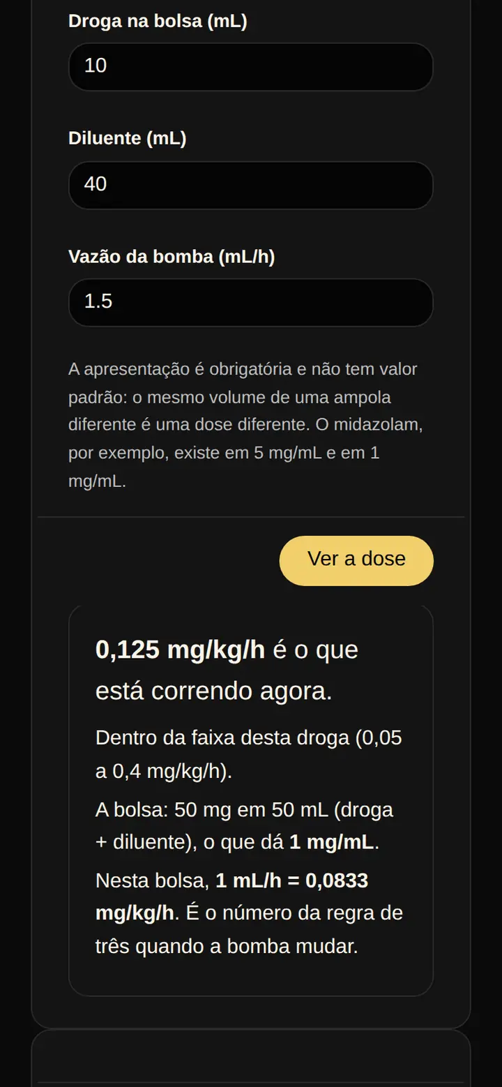 Tela real do SPI Plantão: conferência da bomba, em que o resultado diz a dose de 0,125 miligrama por quilo por hora que está correndo e que ela está dentro da faixa da droga.