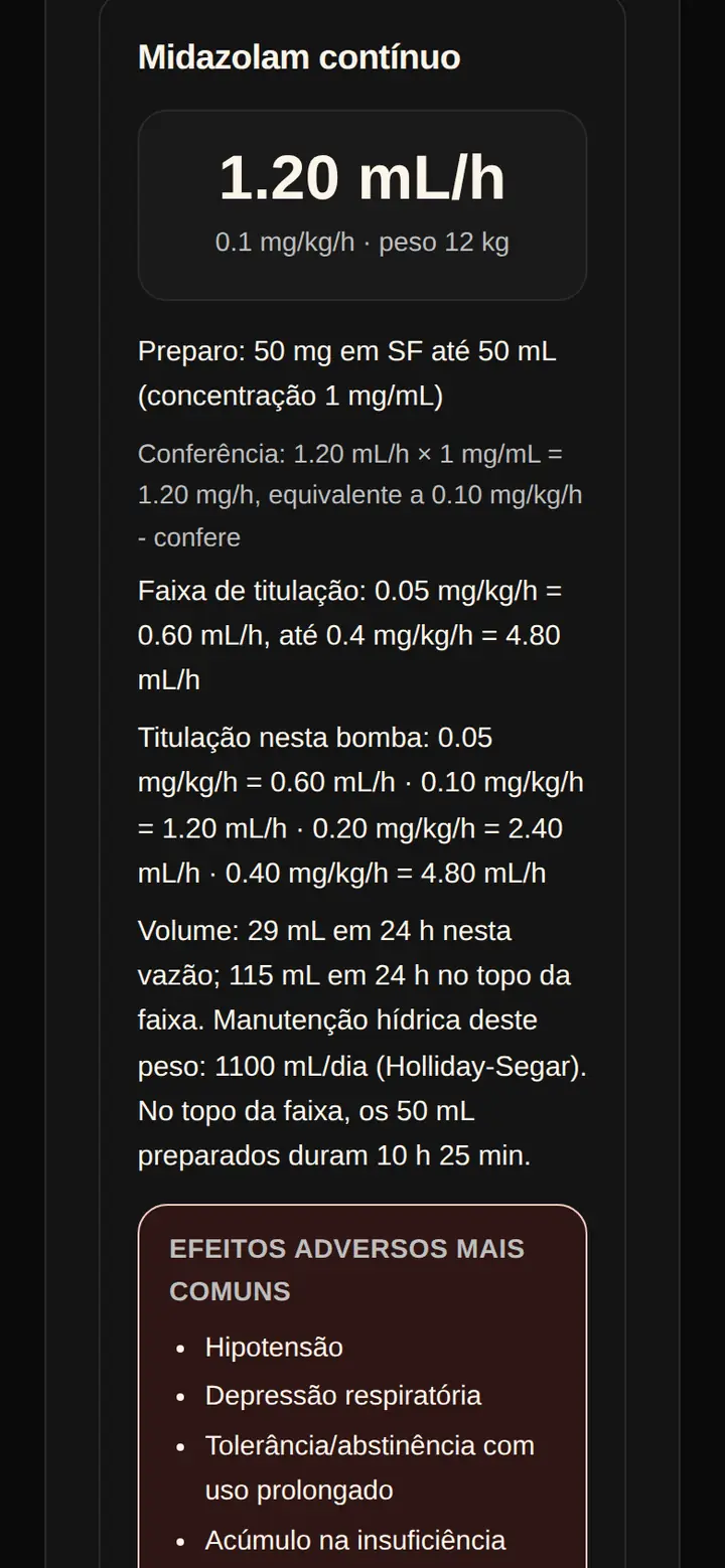 Tela real do SPI Plantão: midazolam contínuo para 12 quilos com a vazão inicial em mililitros por hora, o preparo, a conferência da conta e a titulação nesta bomba.