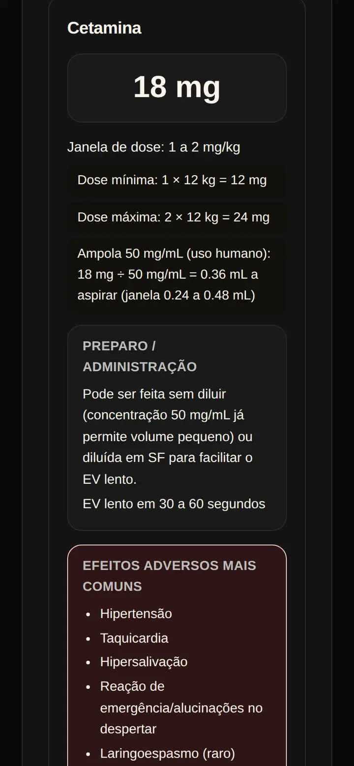 Tela real do SPI Plantão: cetamina para 12 quilos, 18 miligramas, com dose mínima e máxima, volume de 0,36 mililitro na ampola de 50 miligramas por mililitro e o preparo.