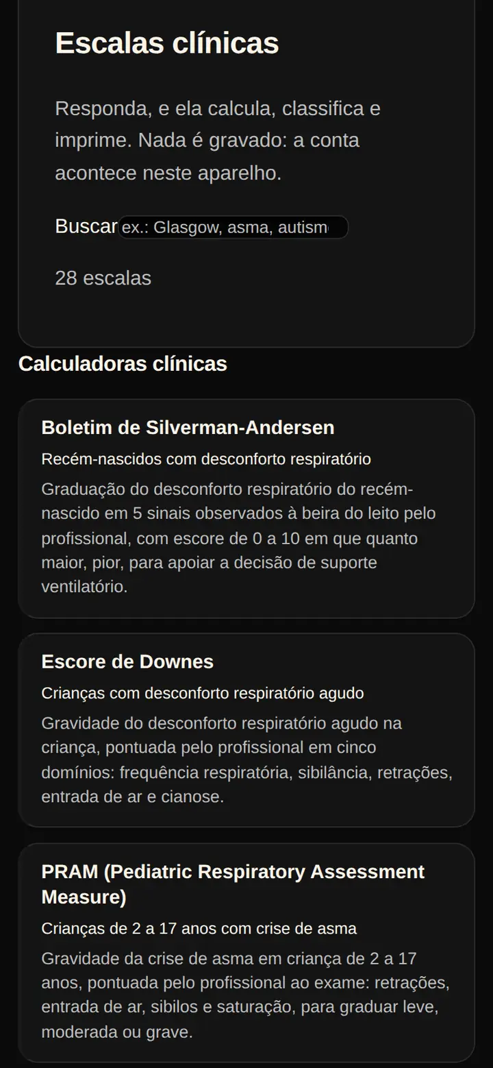 Tela real do SPI Plantão: lista de 28 escalas clínicas com busca, entre elas Silverman-Andersen, Downes e PRAM, cada uma com a população e o que mede.