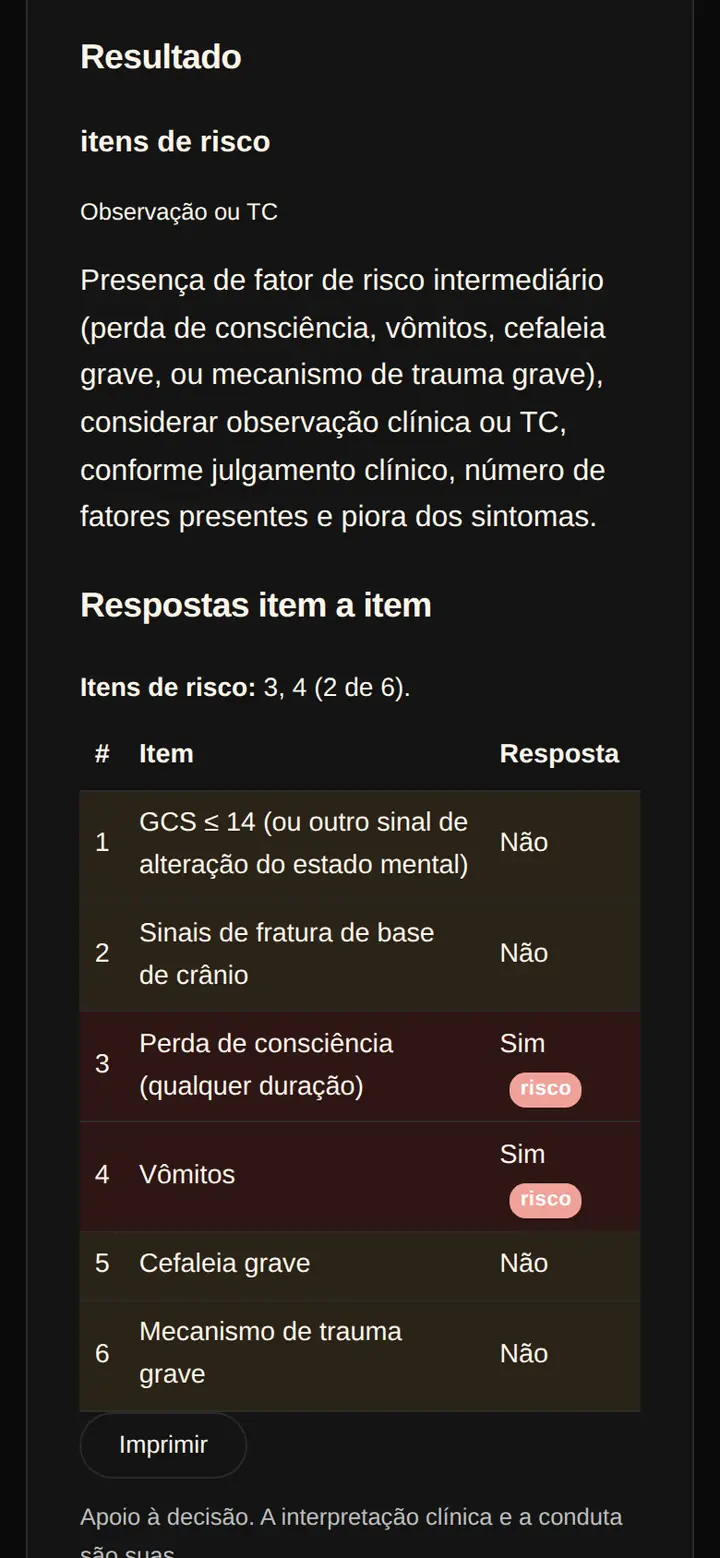 Tela real do SPI Plantão: resultado do PECARN para trauma de crânio, com dois itens de risco, a interpretação de observação ou tomografia e a tabela item a item.