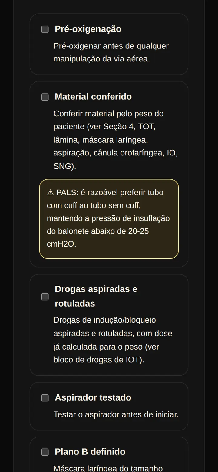 Tela real do SPI Plantão: checklist de sequência rápida de intubação com caixas para marcar, entre elas pré-oxigenação, material conferido e drogas aspiradas e rotuladas.