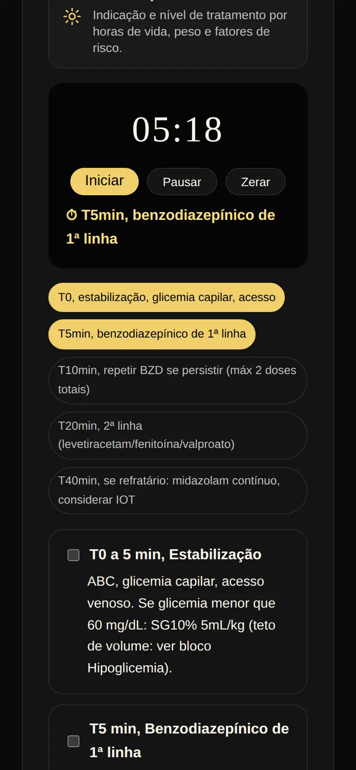 Tela real do SPI Plantão: status epiléptico com o cronômetro em 5 minutos e 18 segundos, a lista de marcos de tempo e o marco do benzodiazepínico de primeira linha em destaque.