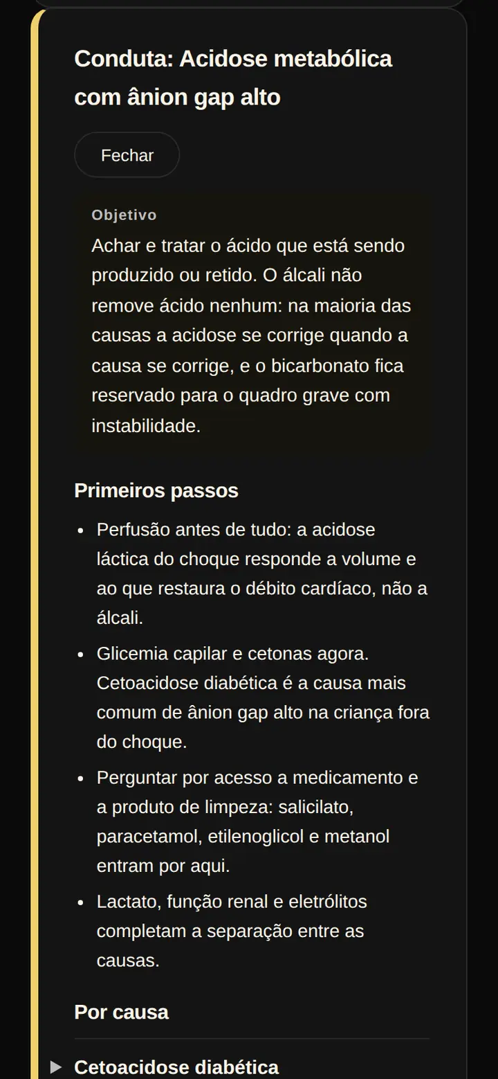 Tela real do SPI Plantão: conduta da acidose metabólica com ânion gap alto, com o objetivo, os primeiros passos e a lista de causas.