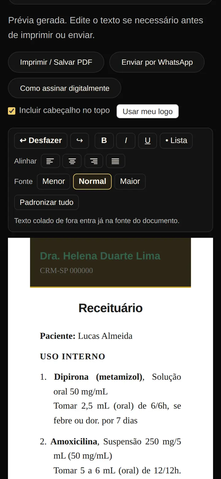 Tela real do SPI Plantão: prévia da receita com o timbre da médica de demonstração, editável, com os botões Imprimir, Salvar PDF, Enviar por WhatsApp e Como assinar digitalmente.