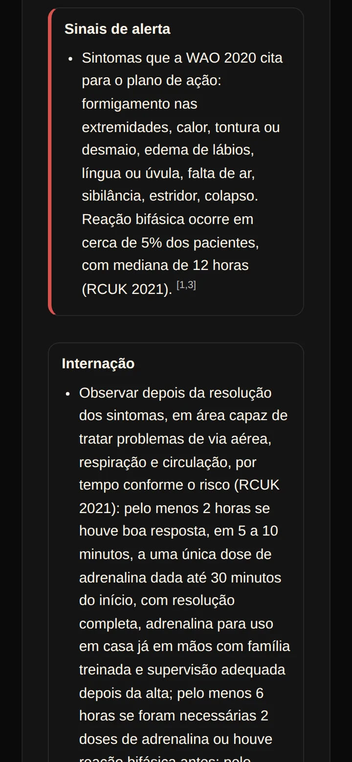 Tela real dos protocolos institucionais no celular: sinais de alerta em destaque e os critérios de internação do protocolo de anafilaxia.
