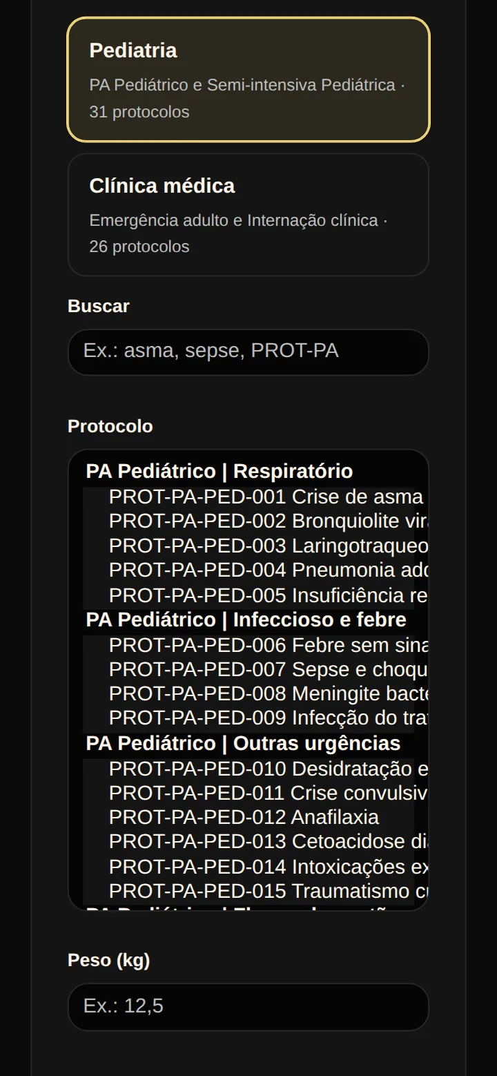 Tela real dos protocolos institucionais no celular: aba Pediatria selecionada, com 31 protocolos, a busca e a lista do PA Pediátrico por grupo, com o código de cada protocolo.