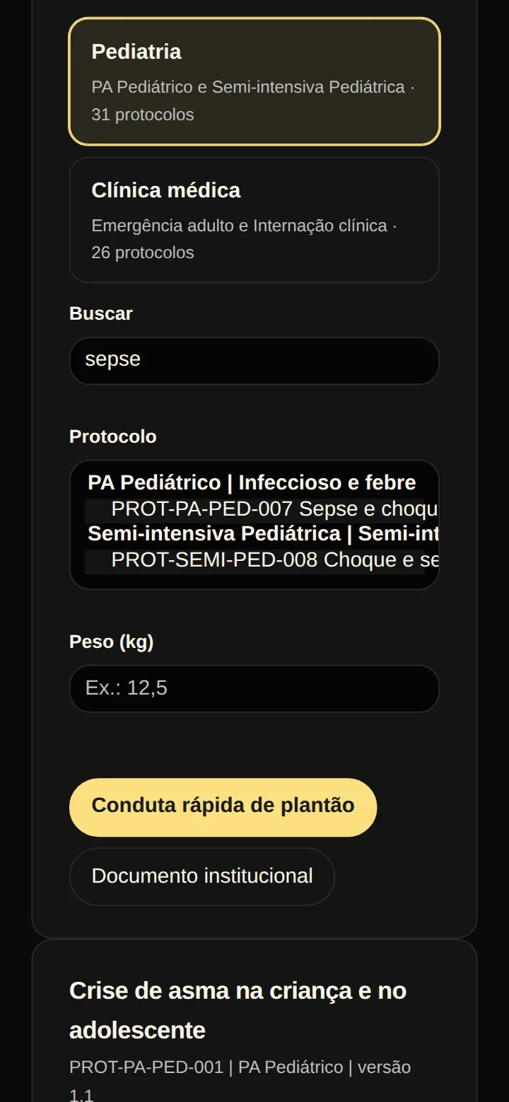 Tela real dos protocolos institucionais no celular: busca por sepse na área Pediatria, com dois resultados, a sepse e choque séptico do PA Pediátrico e o choque e sepse da Semi-intensiva Pediátrica.